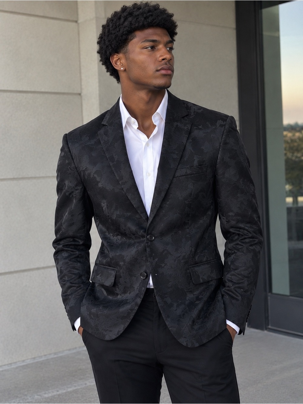 Men's Black Floral Patterned Blazer - Elegant Evening Jacket